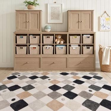 Imagem de jinchan Tapete de área 10 x 15 cm, lavável, interno, antiderrapante, preto e branco, moderno, macio, para sala de aula, para berçário, sala de jogos, creche, quarto, sala de estar, mármore em creme