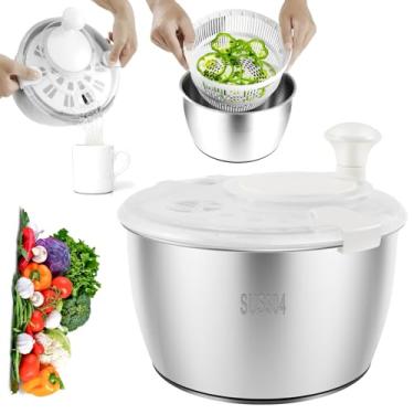 Imagem de Spinner de salada de aço inoxidável 5L com orifício de drenagem 5,28 litros grande secador de alface giratório com uma mão lavadora de legumes secadora para verduras, ervas, frutas (1 pacote)