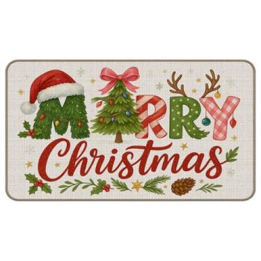 Imagem de M-Qizi Tapete de porta rústico para árvore de Natal, árvore de Natal, chifre de rena, Papai Noel, alpendre de entrada para ambientes internos e externos, tapetes festivos de boas-vindas de Natal para