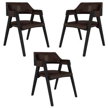 Imagem de Kit 3 Cadeiras Sala de Jantar e Jogos Carteados Madeira Maciça Poker PU Marrom/Preto G42 - Gran Belo