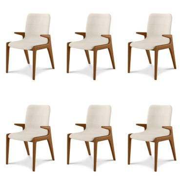 Imagem de Kit 6 Cadeiras Decorativas Sala de Jantar Madeira Maciça com Braço Pigeon Linho Cinza/Ébano - Gran Belo