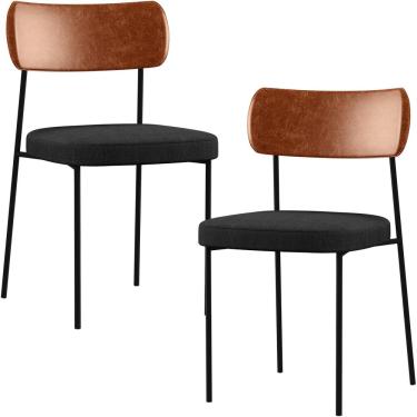 Imagem de Kit 02 Cadeiras Estofadas Para Sala De Jantar Melina L02 Couríssimo Camel Linho Chumbo - Lyam Decor