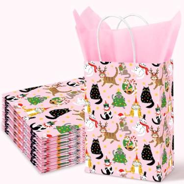Imagem de JarThenaAMCS 16 peças de sacos de papel de Natal com papel de seda rosa, saco de presente de gatos fofos com alça de guloseimas para lembrancinhas de aniversário, chá de bebê
