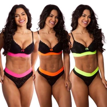 Imagem de Kit 5 Conjuntos Sutiã com Bojo e Calcinha Feminina Detalhes Fluor Core