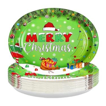 Imagem de 50 peças de pratos ovais de Natal, 25,4 x 30,5 cm, grandes, descartáveis, resistentes, Feliz Natal, vermelho, verde, pratos de festa, bolas de Natal, árvore de floco de neve, bandeja de sobremesa para