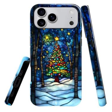 Imagem de heindiy Compatível com iPhone 17 Pro Max, capa brilhante, proteção total, à prova de choque, anti-arranhões, capa de TPU, capas para homem, mulher, árvore de Natal, noite de neve