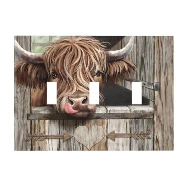 Imagem de ybclf Farmhouse Highland Cow Triple Toggle 3 Gang Light Switch Cover Decorativo Country Placa de Parede Rústica Placa Elétrica Receptáculo Interruptor de Luz Placa Frontal para Cozinha, Banheiro