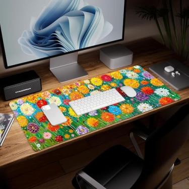 Imagem de Tapete de mesa de flor de couro, mouse pad de arte colorida grande teclado de computador mousepad para jogos à prova d'água protetor e capa de mesa, tapete de mouse decorativo de couro PU para laptop