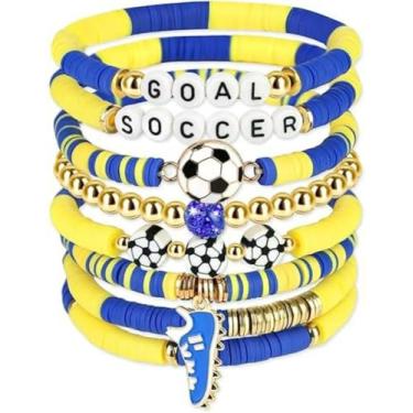 Imagem de KLSKLYL 【Conjunto de 8 peças de pulseiras Super Bowl】 Pulseiras com tema esportivo para dia de jogo – Conjunto de miçangas unissex de futebol, basquete, vôlei e beisebol, One Size, Argila de polímero