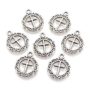 Imagem de Pingentes de liga cruzada, 100 peças, prata antiga, plano, redondo, cruz, crucifixo vazado, 20 x 16 mm, para colar de oração sagrada, joias e artesanato
