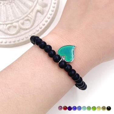 Imagem de Pulseira com pingente que muda de cor em forma de coração, pedra natural de 6 mm ajustável e sensível à temperatura, joia da amizade para mulheres, irmãs, melhores amigas, formatura, dia dos namorados