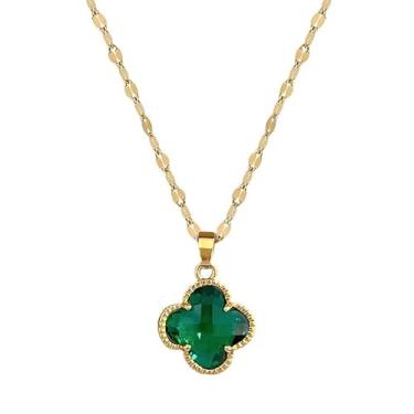 Imagem de DIAMANTIO Colar com pingente de trevo verde esmeralda – banhado a ouro 18K, pingente de cristal facetado, corrente ajustável, joia elegante presente para mulheres