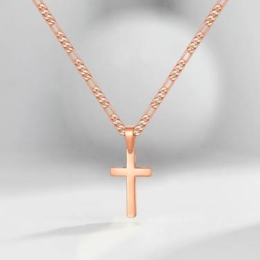 Imagem de Colar com pingente de cruz de aço inoxidável para mulheres e homens, ouro rosa/prata/preto, corrente fígaro, 40 a 55 cm, hipoalergênica, cruz, religiosa, minimalista, batismo, joias cristãs, presentes
