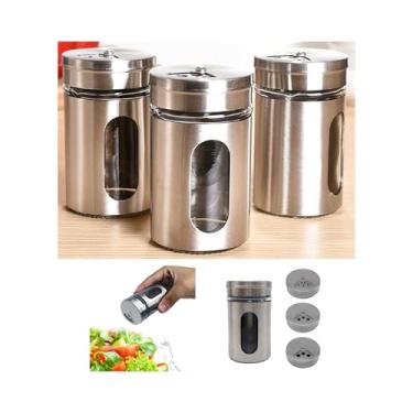 Imagem de Kit com 3 Porta Condimentos de Luxo de Vidro e Aço Inoxidável com Visor, Tampa Ajustável com 3 Furos, Ideal para Sal, Pimenta e Temperos