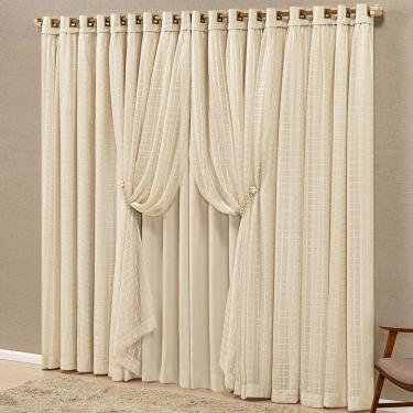 Imagem de Cortina Monte Real 3,00m X 2,50m Tecido Blackout Voal Trabalhado Xadrez Sala Quarto - Palha