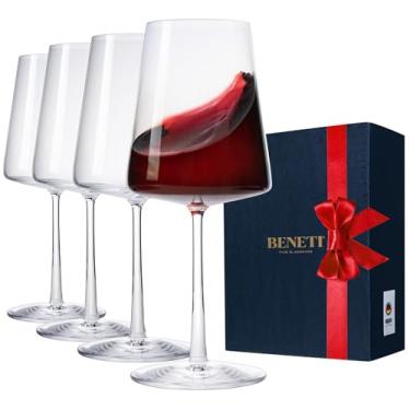 Imagem de BENETI Conjunto de 4 taças de vinho feitas na Alemanha | 482 g taças de vinho de haste longa feitas à mão de cristal vermelho e branco | Formato moderno exclusivo, embalado em linda caixa de presente
