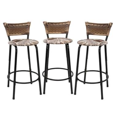 Imagem de Kit com 3 Banquetas 60cm Estrutura Preta Encosto Cappuccino Ideal Para Balcão Ilha Bancada Área de Lazer Cozinha Gourmet Bar Lanchonete Piscina (Assento Floral Marrom)