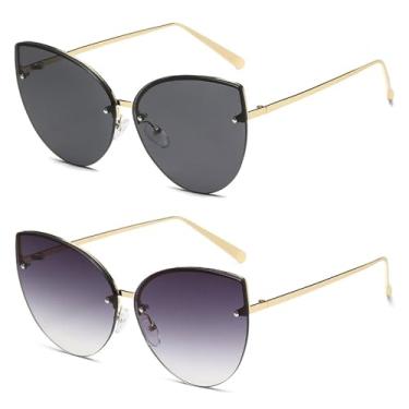 Imagem de 2 peças óculos de sol grandes sem armação estilo olho de gato, lentes degradê, armação de metal da moda, óculos de grau