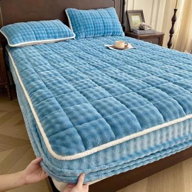 Imagem de Capa de colchão fácil de cuidar, respirável e respirável, protetor acolchoado de pelúcia macia com faixas elásticas, cor lisa - Azul||180 x 200 cm