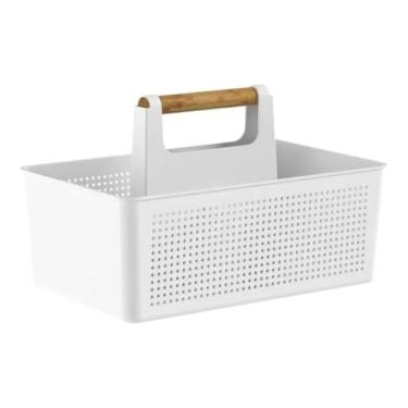 Imagem de Cesto Organizador Retangular Branco com Tampa de Bambu - 34,6 x 22,4 x 21,5 cm - Armazenamento Decorativo Multiuso