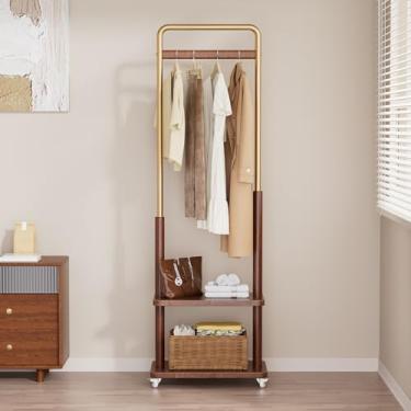 Imagem de Taitiy Cabideiro de madeira maciça com prateleira dupla para pendurar roupas, lenço, combinação de metal e madeira maciça, suporte de roupas independente com rodas para entrada, quarto, sala de estar