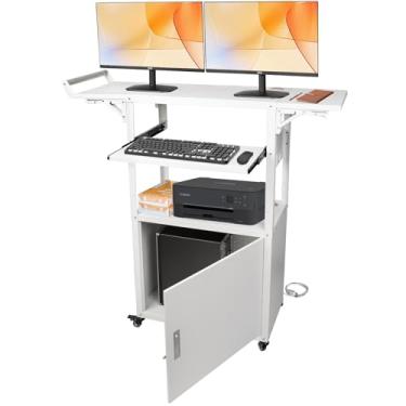 Imagem de Carrinho AV grande de aço com rodas e folhas, carrinho AV ajustável em altura com armário de bloqueio e réguas de energia, estação de trabalho de computador com bandeja de teclado removível para