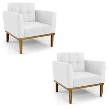 Imagem de Kit 2 Poltronas Decorativas Pés Fixo Em Madeira Castanho Pu Branco