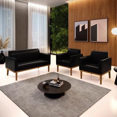 Imagem de Conjunto 2 Poltronas E 1 Namoradeira Decorativa Pés Fixo Em Madeira Castanho Pu Preto Brilho