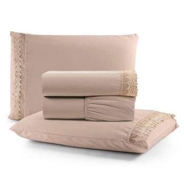 Imagem de Jogo De Lençol Rubi Casal 4 Pçs 100% Algodão 200 Fios Ponto Palito Bordado - Avelã