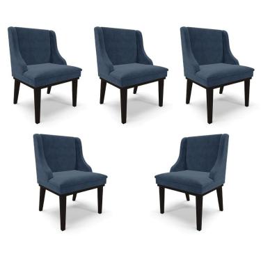 Imagem de Kit 5 Cadeiras Decorativas Sala De Jantar Base Fixa De Madeira Firenze Suede Azul Marinho/preto G19