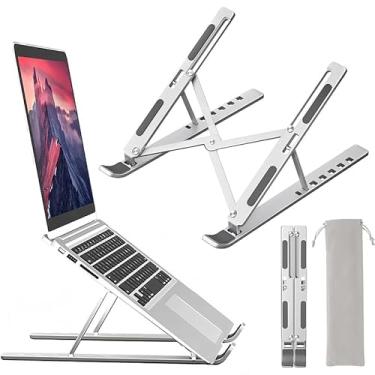 Imagem de Suporte de laptop para mesa, design ergonômico, ajustável, portátil, dobrável, para laptop, com bolsa de armazenamento, suporte ventilado para notebooks de 10 a 15,6 polegadas, prata