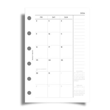 Imagem de Cloth & Paper Inserções de agenda mensal 2026 | início de segunda-feira | Tamanho de bolso 8,2 x 12 centímetros | Recargas de 6 anéis | Organizador mensal de janeiro a dezembro | 29 páginas frente e