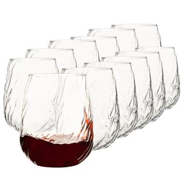 Imagem de YARYOUNG Conjunto de 12 taças de vinho sem haste de 500 ml vermelho/branco sem haste, conjunto de vidro texturizado esculpido para uso diário, bar doméstico, aniversários, presente de inauguração de