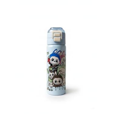 Imagem de Garrafa Térmica Infantil 500ml Inox com Personagens Fofos, Bico Duplo, Trava e Alça Confortável