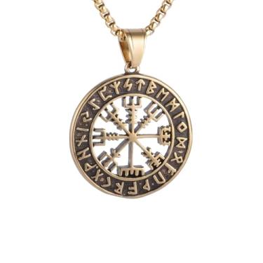 Imagem de Colar com pingente de bússola viking norueguesa redonda dupla face masculina e feminina, material de aço inoxidável 316L, corrente de pérola quadrada de aço inoxidável banhada a ouro, joia vintage de