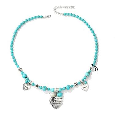 Imagem de Conjunto de 3 peças turquesa boêmia, colar com pingente de contas turquesa, vintage, turquesa, pulseira turquesa extensível para mulheres, conjunto de joias étnicas ocidentais boêmias, Metal Pedra Metal Pedra contas, Turquesa