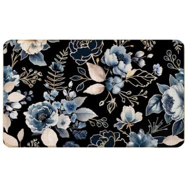 Imagem de WARDOS Tapete de porta floral preto e dourado, capacho de boas-vindas com flores azuis vintage para entrada interna e externa, tapete de boas-vindas floral externo, tapetes de banho de flores, 43 x 76