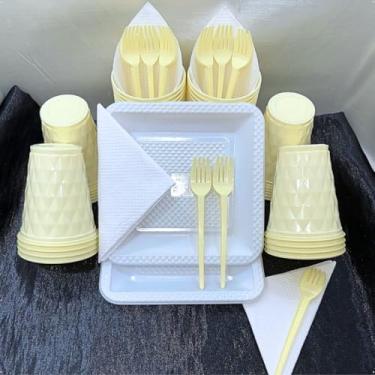 Imagem de Kit Festa Aniversário Itens Descartáveis Premium - Conjunto Copos, Pratos e Talheres em Cor Pastel para Aniversário, Casamento e Eventos(Amarelo Candy Branco)