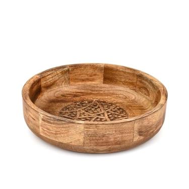 Imagem de Tigela de salada redonda de madeira de manga natural – Tigela decorativa de madeira para frutas, legumes e centros de mesa de cozinha (25,4 cm x 25,4 cm x 6,3 cm)