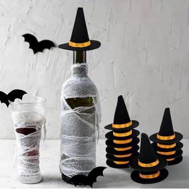 Imagem de 1 mini chapéu de bruxa de feltro de Halloween sortido preto roxo cinza enfeite de festa para decoração de garrafa de vinho e peça central, cinza claro
