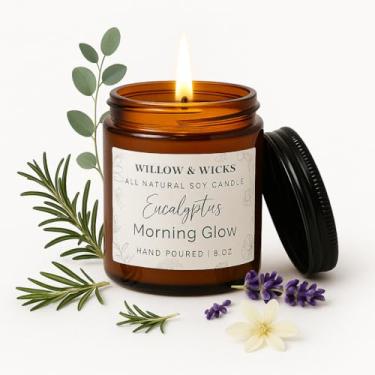 Imagem de Willow & Wicks Vela Eucalyptus Morning Glow | Vela de aromaterapia de cera de soja | Eucalipto, limão e alecrim | Fresca, herbal e energizante | Queima limpa 227 g