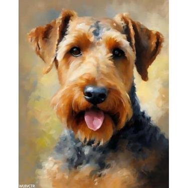 Imagem de WUIVCTR Paint by Numbers para adultos Airedale Terrier Dog Animal DIY Kit de pintura a óleo em tela para adultos com pincéis, pintura de desenho de pigmento acrílico, 40,6 x 50,8 cm