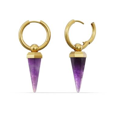 Imagem de PUNKYOUTH Brincos de argola punk góticos de cristal – pino prata 925 18G (1 mm) acessório pendente de declaração, gota de pedra opalita ou ametista, presente alternativo de concerto de Halloween para