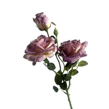 Imagem de Flor Artificial Rosa Retrô – Ramo Único com 3 Cabeças, Estilo Vintage para Decoração de Casa e Arranjos Florais(Rosa roxa/retro de 3 cabeças)