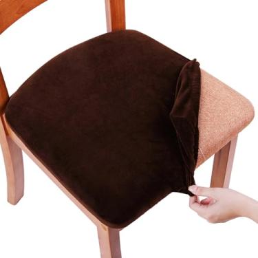 Imagem de Smiry Conjunto de 8 capas de veludo para cadeira de sala de jantar, ajuste elástico, removível, lavável, protetor de almofada de assento com gravatas, café