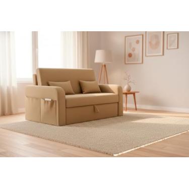 Imagem de Sofá Cama Compacto Lady Day 2 Lugares 140cm Com Baú Retrátil e Almofadas em Veludo Premium (Bege)
