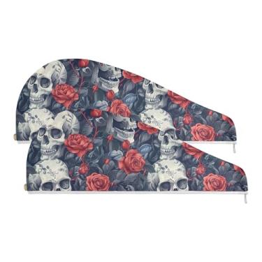 Imagem de SEHANY Toalha de cabelo de microfibra rosa e caveira para mulheres, 2 peças, turbantes de cabelo de secagem rápida com botão, touca de cabelo seco absorvente toalha de secagem de cabelo para cabelos