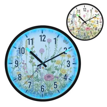 Imagem de Blueangle Relógio de parede LED que brilha no escuro e ativado por voz, silencioso design de ervas e flores coloridas de 30,5 cm, operado por bateria para decoração de quarto e sala de estar (33)