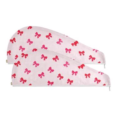 Imagem de SEHANY Linda toalha de cabelo de microfibra com laço rosa para mulheres, 2 peças, turbantes de cabelo de secagem rápida com botão, touca de cabelo seco absorvente toalha de secagem de cabelo para