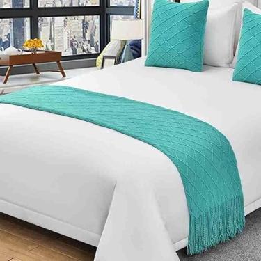 Imagem de Cachecol para cama de hotel, cor sólida, tecido de malha, lençol, sofá, cobertor decorativo, moderno, sem desbotamento, protetor de cama para cama de solteiro queen size - azul 1||60 x 210 cm para